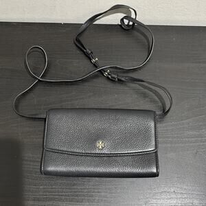 Tory Burch Black Pebbled Leather Clutch Wallet Crossbody Bag Robinson EUC
